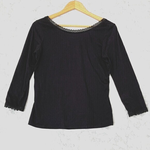 Boden Top Womens 6 Black Lace Trim Detail‎ Long Sleeves Cotton Blend Effortless - Picture 1 of 13